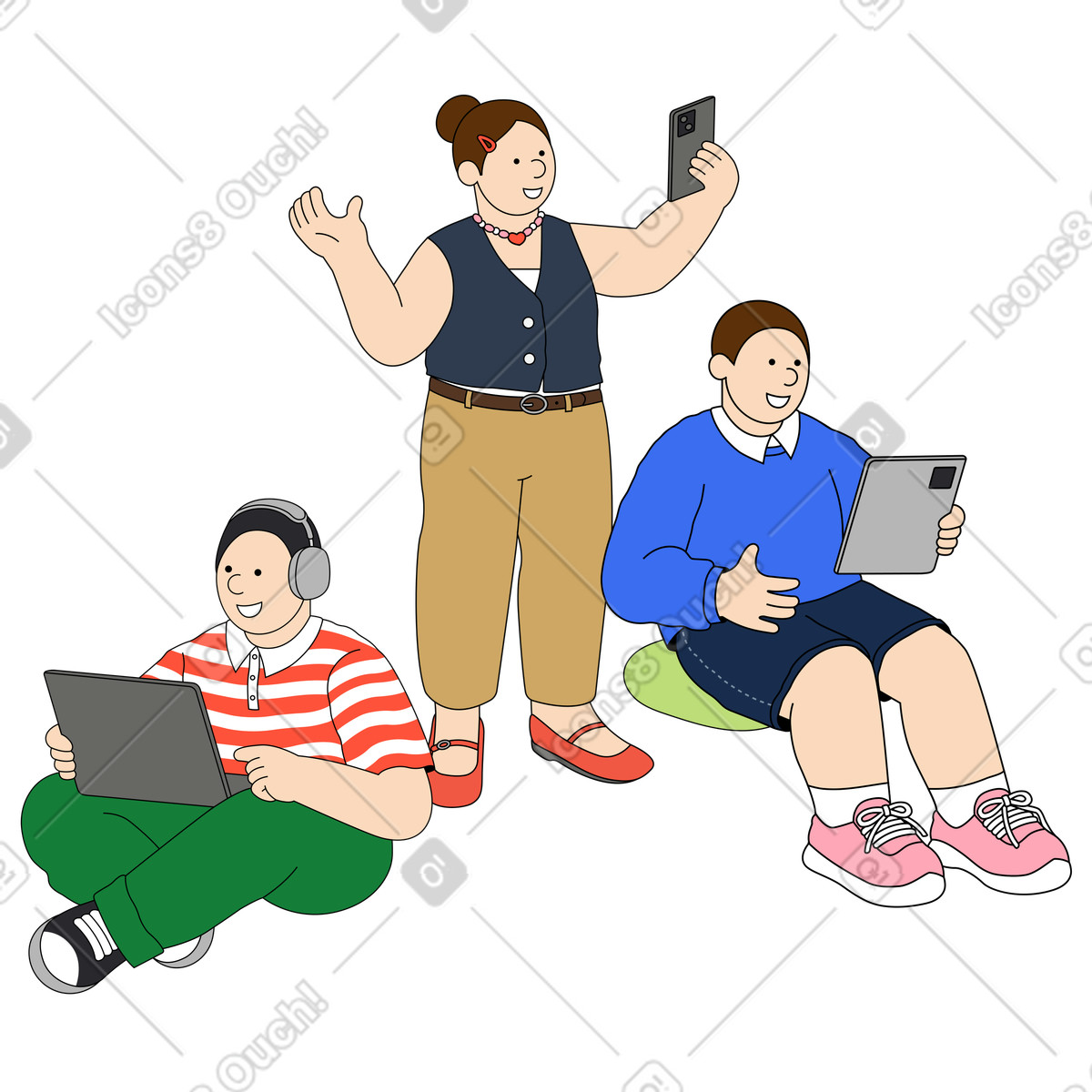 Kindy スタイルの オンライン会議中にコミュニケーションをとる人々のグループ のイラストをPNG、SVG形式でダウンロード