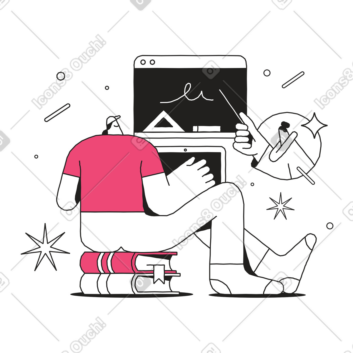 Man studying in an online lesson animated illustration Dazzle Line style download GIF, Lottie (JSON), AE