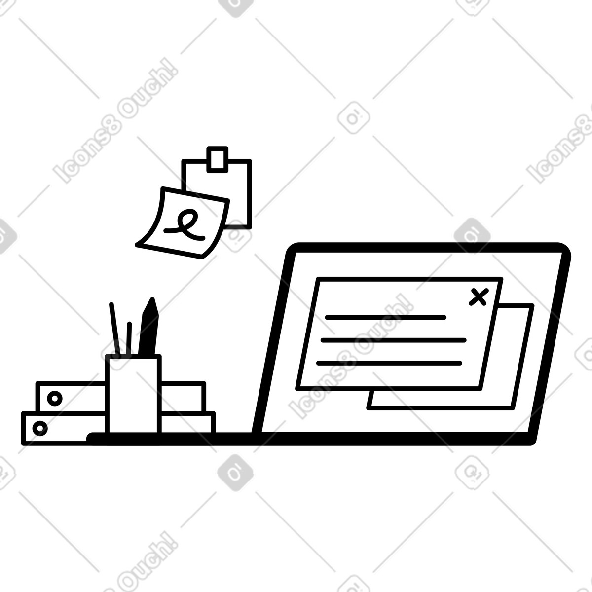 Ilustração de Laptop workspace with notification windows sticky notes and stationery holder em no estilo Notion Line Art para baixar em PNG, SVG