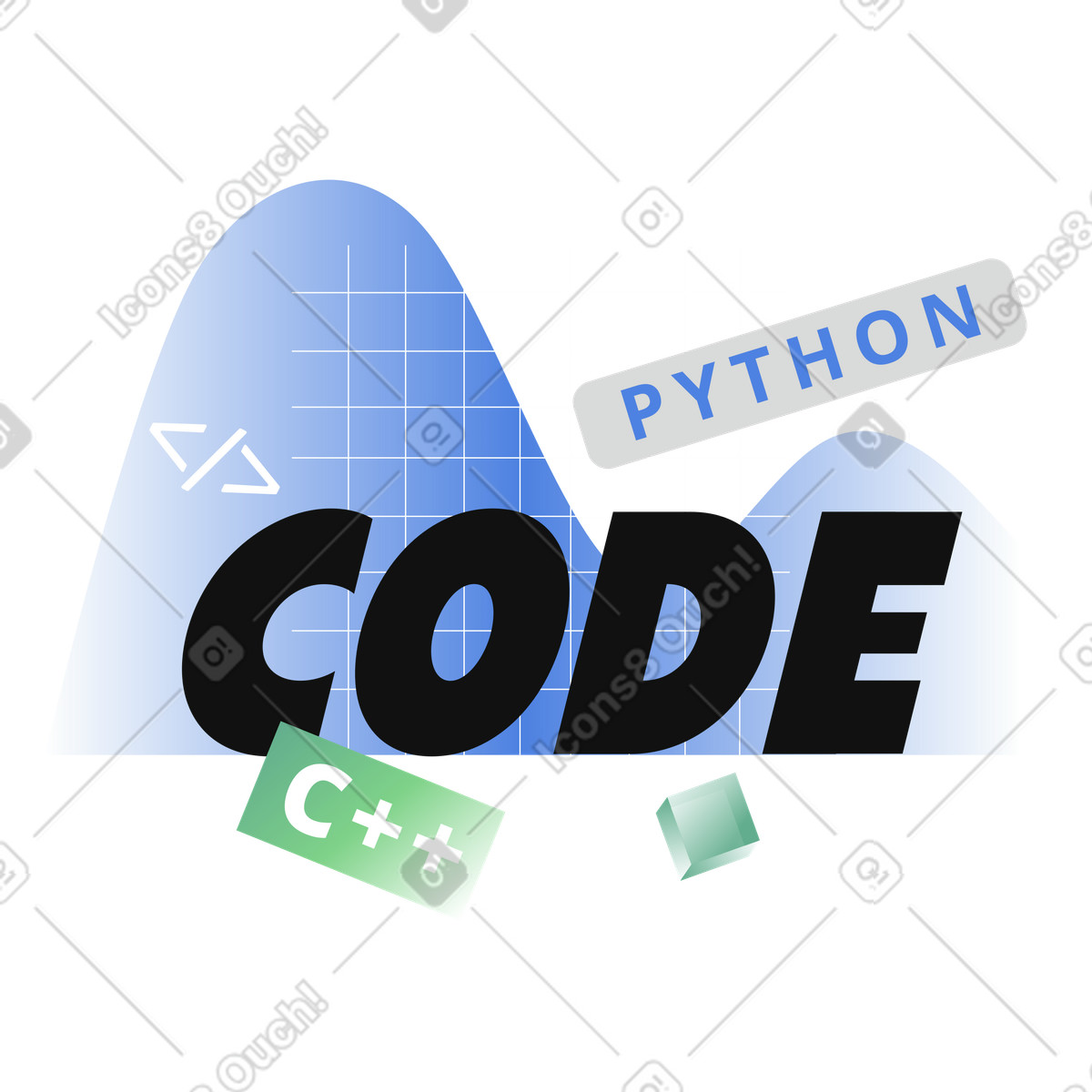 Code lettering on grid background, programming languages and software development illustration in PNG, SVG
