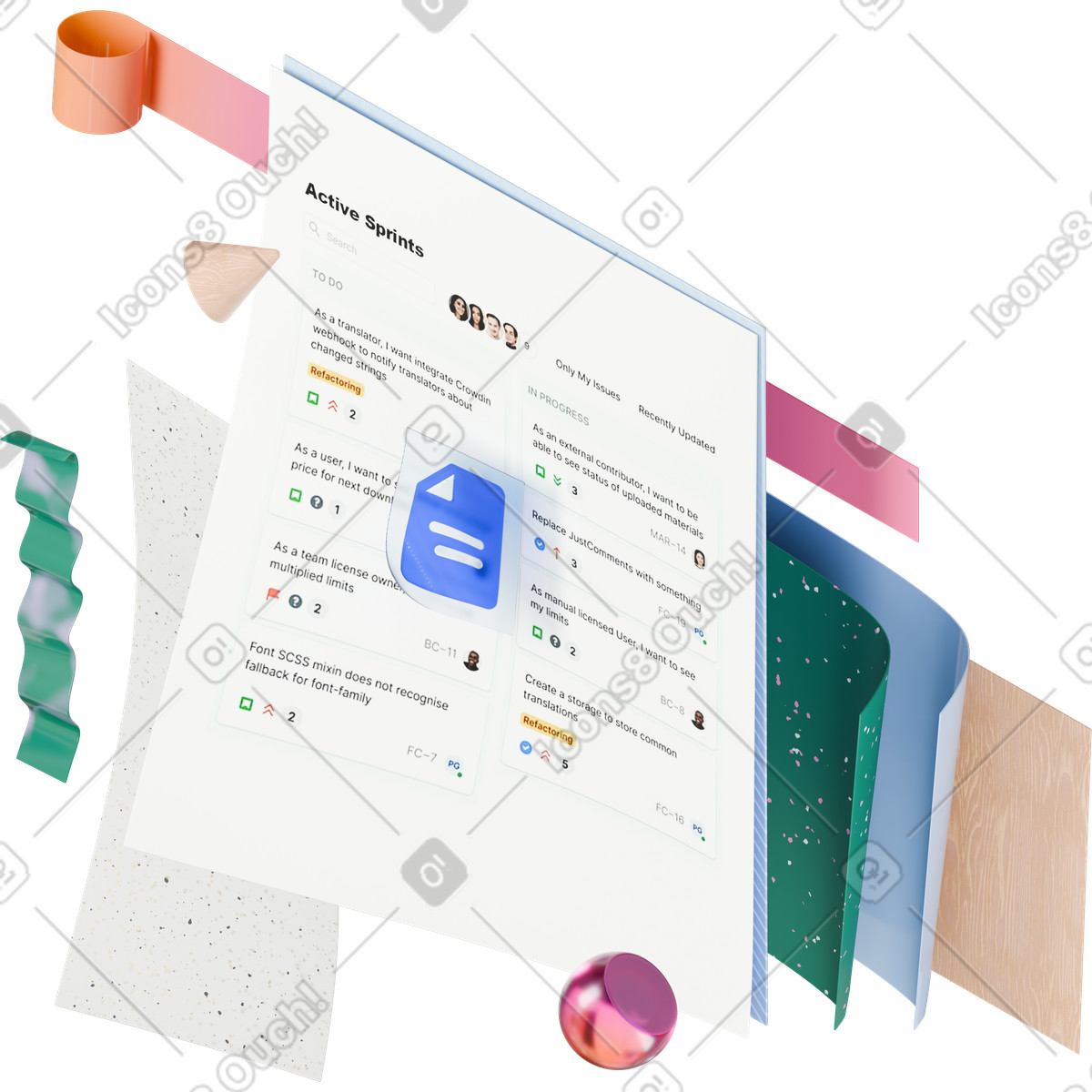 Isometric view of open window with active sprints illustration in 3D Hygge style download in PNG, SVG