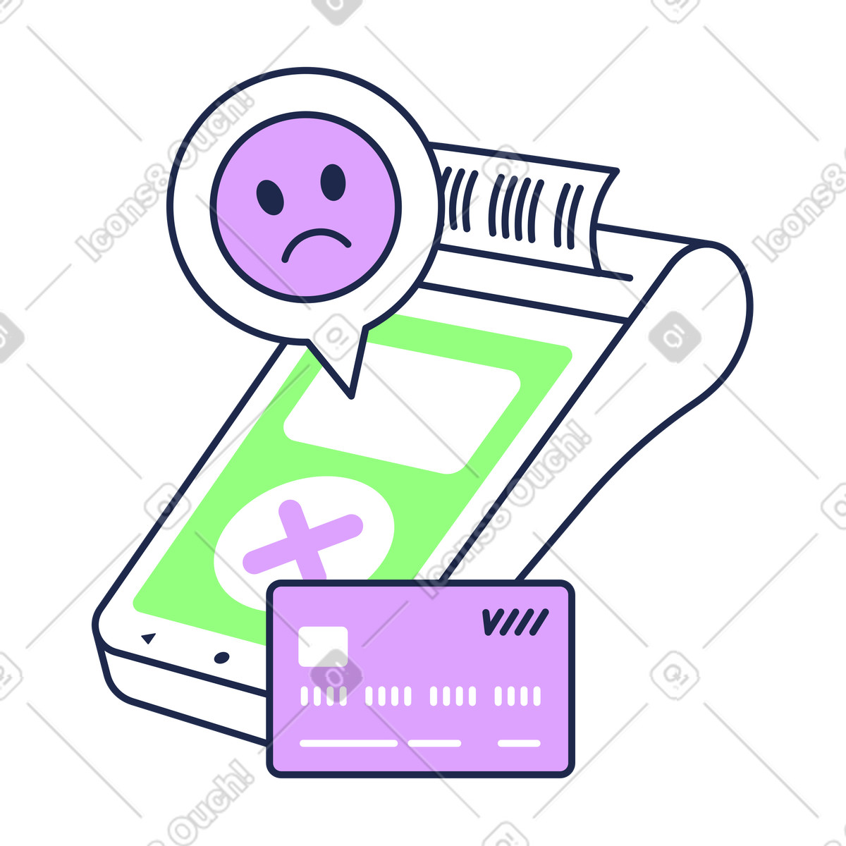 Outline スタイルの Credit card declined at checkout, Payment error or insufficient funds のアニメーションイラストをGIF、Lottie (JSON)、AEでダウンロード