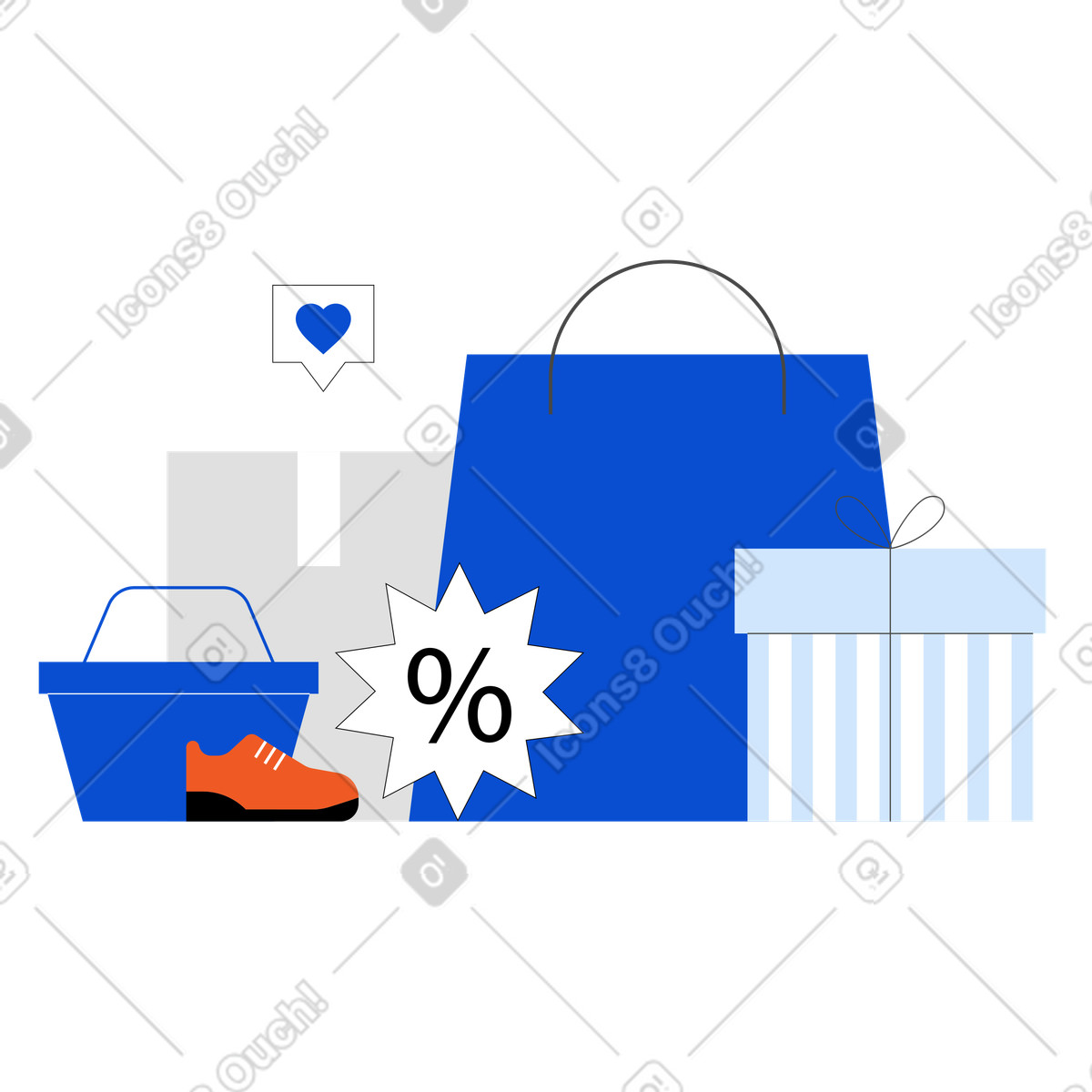 Boxes and shopping bag with discount symbol illustration in Tiny style download in PNG, SVG