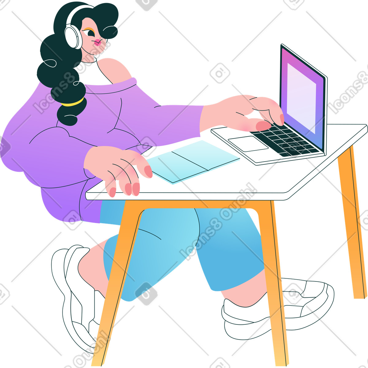Ilustración Mujer sentada frente a la mesa con laptop y notebook en estilo Florid descargar en PNG SVG