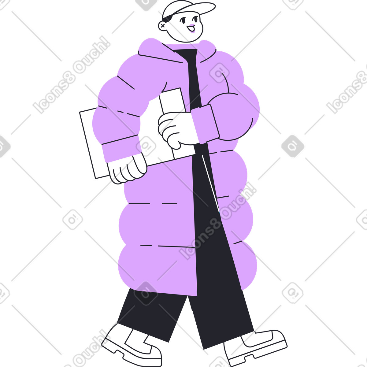Ilustración Hombre vestido de invierno caminando con un regalo en estilo Grapy a descargar en PNG y SVG