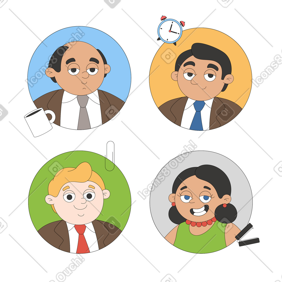 Ilustración Paquete de pegatinas avatares del personal oficina uno en estilo Sitcom a descargar en PNG y SVG