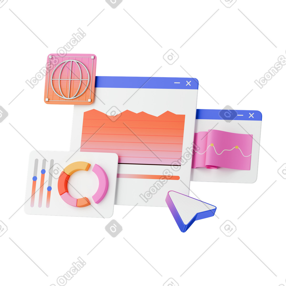 3D Stickle 스타일의 Dashboard browser windows with line chart and circular analytics diagram 일러스트레이션 PNG, SVG 다운로드