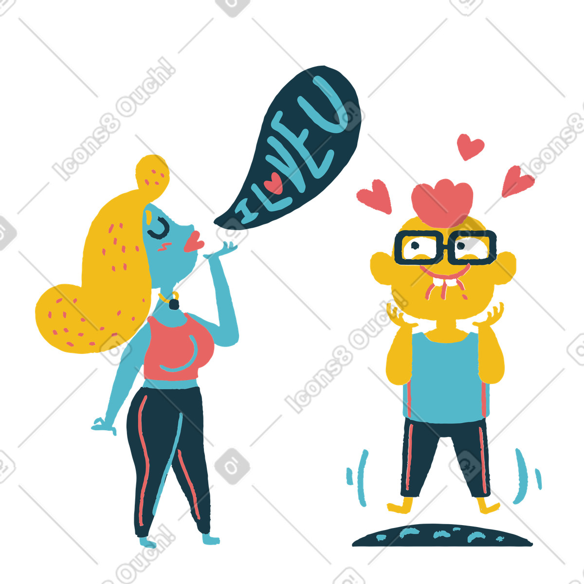 Cute couple moment with spoken i love you message illustration in Flamenco style download in PNG, SVG