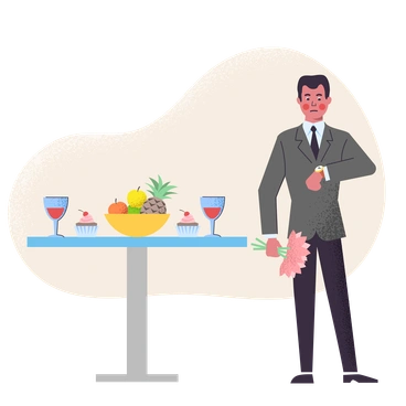 A man holding flowers beside a fruit bowl - Pale style illustration