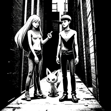 Team Rocket stands in a narrow, dimly lit alleyway, surrounded by tall, shadowy buildings. Jessie, with long, flowing hair, has a determined expression on her face as she points a finger accusingly at her opponents. James, beside her, has a serious look, adjusting his gloves while glancing around cautiously. Meowth sits on the ground between them, looking anxious with its ears perked up. The alleyway is filled with scattered trash and graffiti-covered walls, adding to the tense atmosphere. A flickering streetlight casts stark shadows, emphasizing the characters' intense expressions as they prepare for a confrontation.