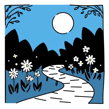 A winding garden path meanders through the scene. The path is made of cobblestones, subtly illuminated. On either side of the path, "moonflowers" are in full bloom, their petals reflecting the gentle glow of the moonlight. The flowers are predominantly white, enhancing the ethereal ambiance. The surrounding foliage is a mix of dark greens and shadows, complementing the luminous flowers. The sky above is deep blue with a full moon casting a silver light across the garden.