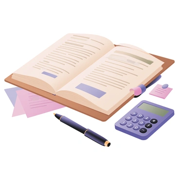 A digital flat illustration of a binder that is open, filled with various student loan documents. The documents are neatly organized, showing visible headings and text that indicate financial information. Next to the binder, there is a calculator, designed with clear buttons and a screen that displays numbers. The scene is set on a wooden desk surface, with a few loose papers scattered around, adding to the atmosphere of financial organization. A pen is positioned next to the binder, suggesting readiness for note-taking or calculations.