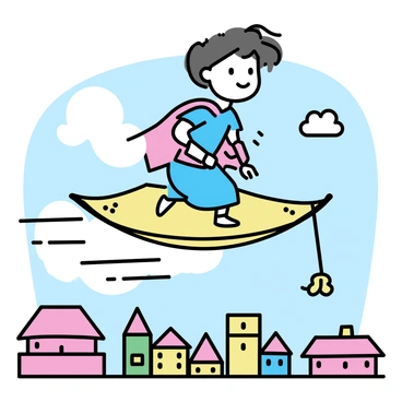 A young hero, wearing a blue tunic and a red cape, is confidently riding on a flying magic carpet. The carpet is intricately designed with golden patterns and is floating gracefully in the air. Below, a vibrant cityscape features colorful rooftops in shades of red, yellow, green, and blue. The young hero's hair is flowing in the wind as they soar above the city, with a backdrop of a clear blue sky.