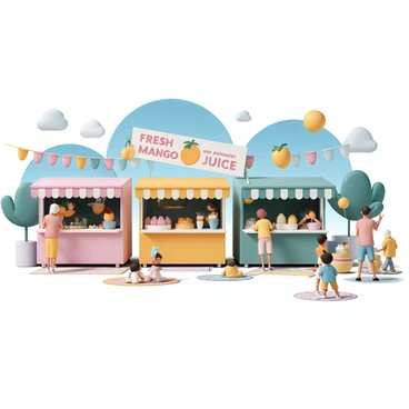 A lively festival scene featuring colorful stalls arranged in a row, each showcasing various mango dishes and treats. One stall has a large banner with the words "Fresh Mango Juice" in bold letters, while another displays a variety of mango desserts, including mango sticky rice and mango sorbet. There are people of different ages interacting with the vendors, some sampling the dishes, while others are eagerly chatting. The atmosphere is filled with bright decorations, such as streamers and balloons, and the ground is covered with colorful mats where families sit and enjoy their meals. The sky is a clear blue, letting in plenty of sunlight, adding to the vibrant energy of the festival.