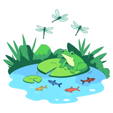 A green frog is sitting on a round lily pad that floats on the surface of a tranquil fish pond. The lily pad has smooth edges and large, vibrant green leaves. Above the pond, several delicate dragonflies with translucent wings are hovering gracefully, their bodies glistening in the sunlight. In the water below, colorful fish can be seen swimming, creating gentle ripples across the pond's surface. The scene is filled with lush greenery surrounding the pond, enhancing the natural beauty of this peaceful spot.