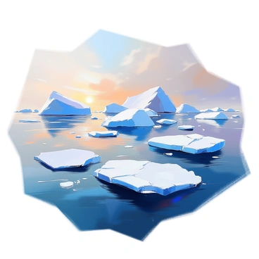 A vast scene of large icebergs floating in a deep blue ocean, some of them breaking apart as they melt. The icebergs are of varying shapes and sizes, with jagged edges and brilliant white surfaces reflecting sunlight. The ocean shows signs of warming, with ripples and waves lapping against the ice. In the distance, a hazy horizon blends the sky and sea together. The image captures a striking contrast between the icy structures and the warm hues of the water, emphasizing the impact of climate change in this majestic but vulnerable landscape.
