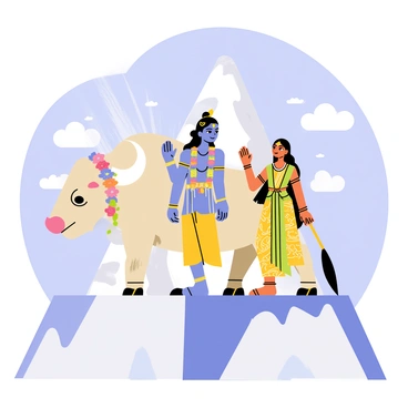 A majestic Nandi, the sacred bull, adorned with a vibrant garland of multicolored flowers, stands beside Lord Shiva and Parvati. Lord Shiva is depicted with a tranquil expression, wearing a simple yet elegant outfit and his traditional crescent moon on his head. Parvati stands gracefully next to him, dressed in a richly detailed outfit adorned with intricate patterns. The scene is set on a heavenly mountaintop, surrounded by fluffy white clouds and gentle rays of sunlight filtering through. The background features a bright blue sky, enhancing the divine ambiance of the moment.