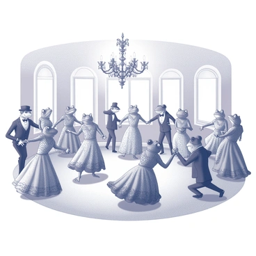 A grand ballroom filled with elegantly dressed frogs. The frogs are wearing intricate Victorian-era ball gowns made of lace and satin, with detailed embellishments and flowing skirts. Some frogs are in finely tailored suits, complete with waistcoats and cravats. The ballroom features large chandeliers sparkling above, casting shadows on the polished wooden floor. The frogs are engaged in a lively dance, with some leaping gracefully while others hold hands, creating a scene of joy and celebration. "Frogs dancing in elegant attire" is written in ornate calligraphy above the scene.