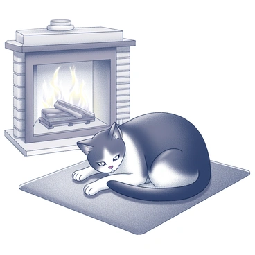 A black-and-white cat is curled up comfortably on a warm, woven rug. Its body is in a relaxed position, with its tail wrapping around itself. In the background, a roaring fireplace is visible, with flames dancing and casting flickering shadows. The fireplace has a brick surround, and the mantel is adorned with a few decorative items. The room is softly illuminated by the firelight, creating a cozy atmosphere.