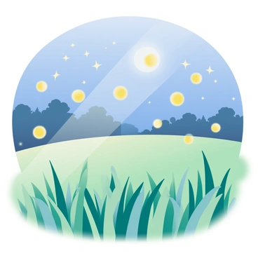 A peaceful night scene features a vast meadow under a clear starry sky. A group of glowing fireflies with soft yellow lights is dancing above the tall grass, creating a lively effect. In the background, silhouettes of distant trees can be seen against the night sky. The grass sways gently in the cool night breeze, and a soft moonlight casts a delicate glow on the landscape, illuminating the scene with a gentle radiance.