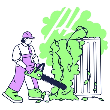 A person is standing next to a wooden fence, actively using a chainsaw to cut through thick vines that are overtaking the structure. The individual is wearing protective gear, including a hard hat and gloves. The chainsaw is positioned near the base of the vines, which are dense and tangled. In the background, there are remnants of cut vines scattered on the ground, and the wooden fence is partially visible, showing its natural texture. Sunlight filters through the leaves above, casting dappled shadows on the scene.