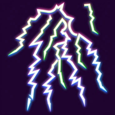 A dynamic display of lightning bolts in vivid colors, showcasing bright yellows, intense blues, and deep purples. The bolts are jagged and angular, creating an energetic sense of movement as they streak across the canvas. Each bolt features a glowing outline, enhancing the visual impact and drawing the viewer's eye along their paths. The background contrasts the lightning with darker tones, emphasizing the brightness of the colors and the dramatic nature of the scene.