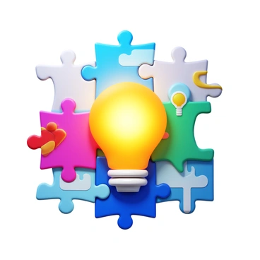 Various puzzle pieces in bright colors fitting together seamlessly. The pieces display different images that, when combined, create a cohesive picture of a light bulb. The light bulb symbolizes the concept of gaining insight, glowing softly at the center. Each puzzle piece has distinct patterns and designs, adding depth to the overall image. The background is a soft gradient, enhancing the visual focus on the puzzle pieces and the light bulb.
