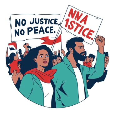 A scene of a social revolution unfolds with two strong figures standing at the forefront. One figure, a woman with a determined expression, is wearing a red scarf around her neck. The other figure, a man with a raised fist, is dressed in a teal jacket, both exuding a sense of power and resolve. Behind them, a crowd of supporters is visible, holding up banners and flags. Among the banners, there is prominent “NO JUSTICE, NO PEACE” text displayed in bold typography, contrasting against the backdrop. The figures are set against a dynamic background filled with abstract shapes and lines, symbolizing movement and change in the air.