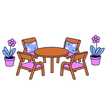 A charming patio set featuring rustic wooden furniture. The table has a round shape and is surrounded by four matching chairs, each with a simple design. The chairs have soft cushions adorned with colorful floral patterns. The outdoor setting includes potted plants with vibrant flowers arranged around the patio. A light breeze gently rustles the cushions, creating a cozy atmosphere.