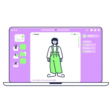 A digital workspace is depicted, showcasing a character design process in Krita. In the center, a large canvas displays a detailed character sketch with vibrant features and clothing. To the left, a panel shows various tools, including brushes and color swatches, neatly arranged for easy access. On the right, a layers panel is visible, listing different layers such as "Line Art," "Color," and "Shading." The workspace is illuminated by a soft light source, enhancing the focus on the digital character design being created.