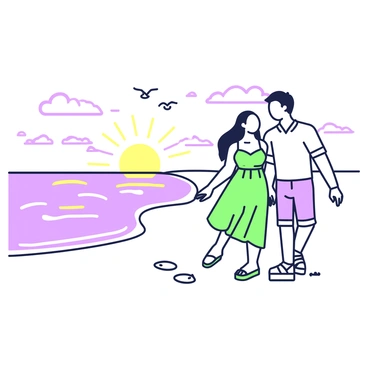A couple is holding hands while walking along a beach. The sun is setting on the horizon, casting a warm glow over the sand. The waves gently lap at the shore, leaving behind a glistening trail. In the sky, clouds are illuminated by the fading light, creating a beautiful backdrop. The couple appears relaxed and happy as they stroll together, leaving footprints in the wet sand. In the distance, seagulls can be seen flying above the water.