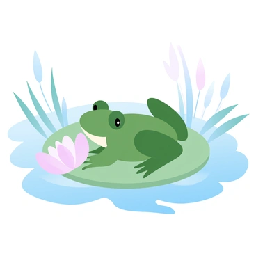 A small frog with smooth green skin is perched on a round lily pad that floats on the surface of a tranquil pond. The lily pad features a vibrant green color with slightly curled edges. Surrounding the frog, delicate white and pink water lilies bloom, their petals open wide. The pond reflects the calmness of the scene, with gentle ripples radiating outward. Tall grasses and soft reeds border the pond, adding texture to the peaceful environment.