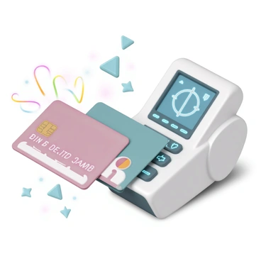 A credit card being swiped through a 3D card reader with digital effects