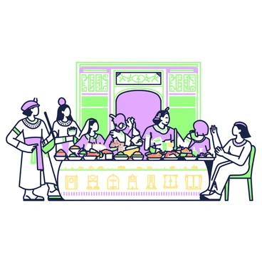 An opulent feast in an Egyptian palace, with guests enjoying lavish foods and music