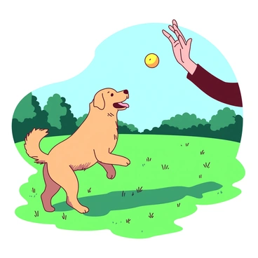 A hand is raised in the air, tossing a bright yellow ball towards a happy dog. The dog is a fluffy golden retriever with its mouth open in excitement, ready to catch the ball. The scene takes place in a grassy field, filled with vibrant green grass that stretches into the background. In the distance, there are a few trees providing shade, and the sky above is a clear blue. The dog's tail is wagging energetically as it leaps into the air to chase the ball.