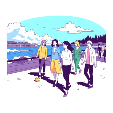 A group of diverse people is taking a leisurely stroll along the Helsinki seaside promenade. Some individuals are walking together, sharing laughter, while others are enjoying the view alone. The promenade is lined with modern buildings and greenery, and in the background, waves are crashing against the rocky shoreline. The sky is partly cloudy, allowing rays of sunlight to break through and illuminate the scene.
