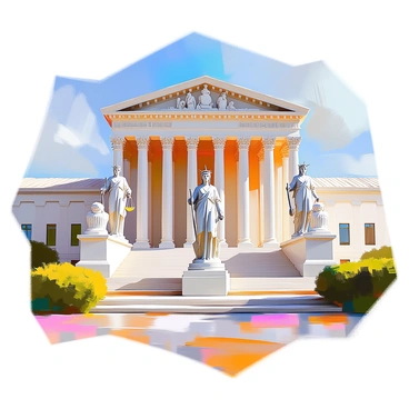 Statues of famous historical legal figures such as "Justice" holding scales, "Solomon" with a sword, and "Lady Liberty" standing tall, are positioned prominently in front of a large, grand courthouse building. The courthouse features majestic columns and a large pediment with intricate detailing. The statues are made from marble, showcasing realistic features and expressions that convey authority and wisdom. The surrounding area is landscaped with neatly trimmed bushes and pathways leading up to the courthouse steps. A clear sky overhead highlights the grandeur of the scene.