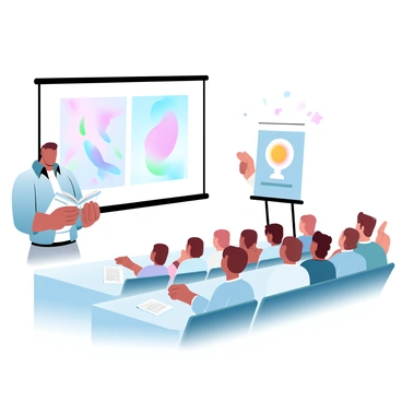 An illustrator stands in front of a large audience at a seminar, showcasing their portfolio. The illustrator is holding a sketchbook open, displaying vibrant illustrations. A projector behind them displays a large image of a colorful artwork. The audience, seated in rows, is attentively looking at the presentation. Some audience members are taking notes, while others are focused on the projector screen. The seminar space has bright lighting, and there are notes and pens placed on the tables in front of the audience.