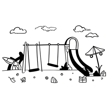 A deserted playground with empty swings moving gently as if pushed by an unseen force. The ground is covered with scattered leaves, and a rusty slide stands in the background, partially overgrown with grass. A wooden seesaw is tilted to one side, and a faded merry-go-round waits silently nearby. The sky above is filled with scattered clouds, creating a moody atmosphere.