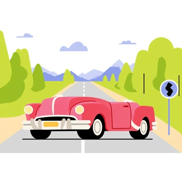 A classic car with shiny red paint and chrome details is driving along a straight main road. The car has whitewall tires and vintage-styled headlights. Lush green trees line both sides of the road, and distant mountains are visible under a clear blue sky. A winding road sign is placed nearby, indicating the route ahead. The sun casts soft shadows on the asphalt, and a few fluffy clouds drift lazily above the scene.