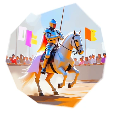 A medieval knight wearing shining armor, with intricate details reflecting the craftsmanship of the period, is mounted on a majestic horse that also wears a beautifully crafted armor set. The knight holds a lance firmly, preparing for the jousting tournament. The horse is rearing slightly, showcasing its strength and elegance. The tournament setting features banners waving in the breeze and a crowd of onlookers in the background, eagerly anticipating the contest. Sunlight glints off the armor, highlighting the knight's focused expression as he prepares for the challenge ahead.