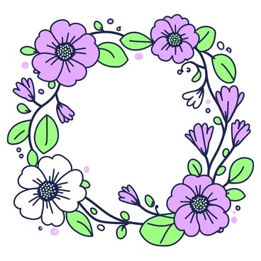 A flower border is drawn with intricate line work. The border features a variety of flowers, including large blooms with detailed petals and smaller blossoms scattered throughout. Each flower has distinct patterns and textures enhancing the complexity of the design. The leaves are interspersed within the flowers, showcasing various shapes and sizes. The overall composition creates a harmonious frame, emphasizing the delicate nature of the floral elements. The lines are sharp and precise, defining each part of the flower and foliage clearly.