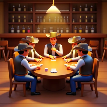 A dusty old-time saloon interior featuring several cowboys seated around a wooden poker table. Each cowboy is dressed in classic western attire, including wide-brimmed hats and leather vests. Their expressions are serious and focused, maintaining stern poker faces as they hold playing cards in their hands. The table is scattered with poker chips and a few drinks, with the dim light from an overhead lamp casting shadows across the scene. In the background, there are wooden bar stools and a long bar with bottles displayed on shelves.