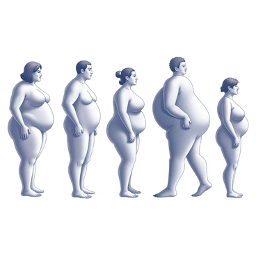 A lineup of five diverse human figures, each representing a different body fat percentage. The first figure is lean and athletic, showcasing defined muscles and a low body fat percentage. The second figure has a more balanced physique, with slight curves and moderate definition. The third figure shows a fuller shape with softer contours, indicating a higher body fat percentage while still appearing healthy. The fourth figure presents a larger frame with noticeable body mass, showcasing a significant amount of body fat. The fifth figure is rounded, with a fuller appearance, representing higher body fat while exuding confidence. Each figure stands side by side, displaying their unique shapes and sizes.