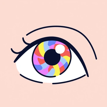 A close-up view of a person's eye with vibrant, swirling colors and intricate shapes reflected in the iris. The eye is detailed, showing the texture of the eyelashes and the pupil. The surrounding skin is smooth, and the light creates a glimmer on the surface of the eye, emphasizing its depth and the colorful reflections.