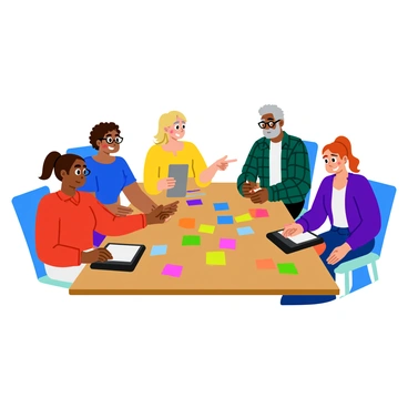 A diverse group of people around a table covered in colorful sticky notes