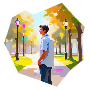 A person with medium skin standing in a park, looking around with a smile. The park features lush green grass and a pathway lined with trees. Colorful halos of light are glowing around the trees and lampposts, creating a vibrant atmosphere. The person is wearing a casual outfit, consisting of a light blue shirt and dark jeans. Sunlight filters through the leaves, casting dappled shadows on the ground.