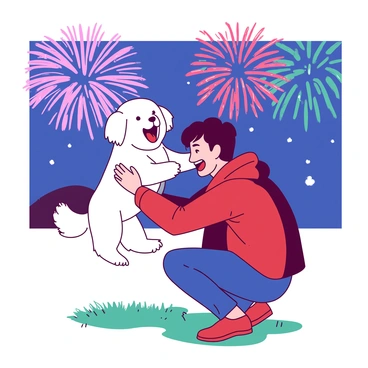 A white dog with a fluffy coat is jumping into its owner's arms, displaying a look of fright on its face. The owner, wearing a red jacket and smiling gently, is crouched down to catch the dog. In the background, vibrant fireworks are bursting in the night sky, illuminating the scene with a mix of colors. The ground is covered with a grassy patch, and the owner's hands are outstretched, ready to embrace the dog.
