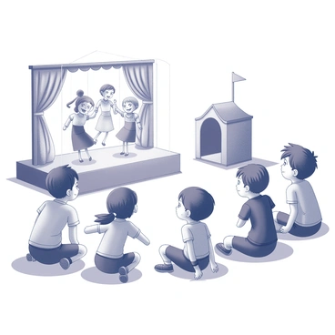 A group of children is seated on the floor, their faces filled with joy and anticipation. They are watching a puppet show taking place on a small stage adorned with colorful curtains. The puppets are in motion, dancing energetically, each one distinct with unique features and costumes. The stage is well-lit, highlighting the puppets as they perform. In the background, a small wooden structure can be seen, serving as the backdrop for the show, with decorative elements enhancing the scene.