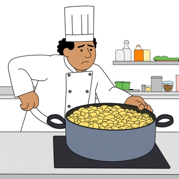 A chef peering into a pot with pasta that has turned to mush, looking disheartened.